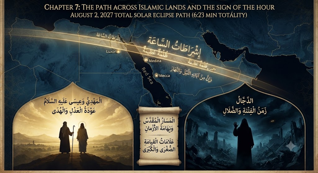 Map and panels: eclipse path across Islamic lands (islam1.jpg)