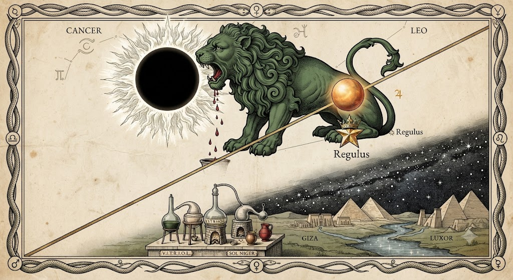 Illustrated astrological scene: Leo and Egyptian landscape