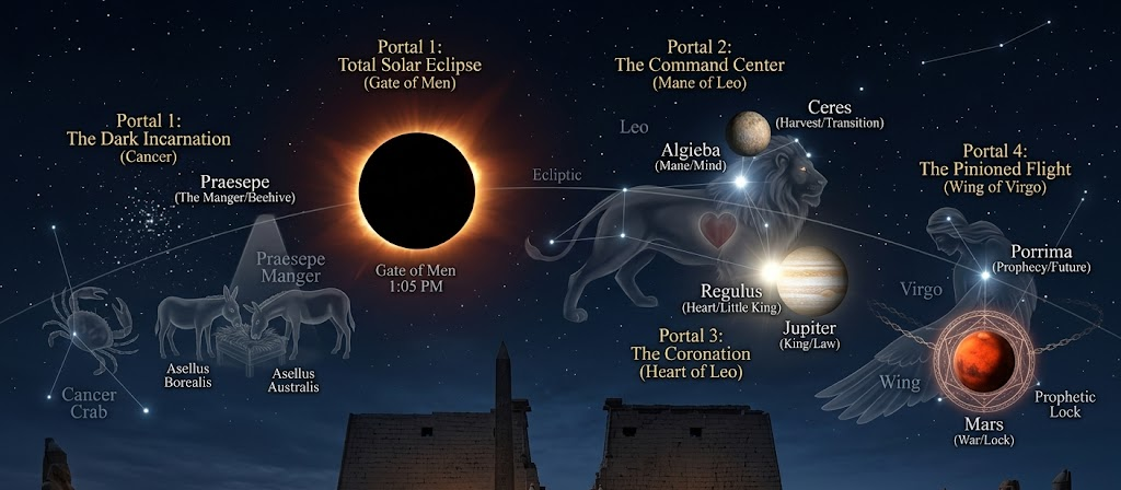 Astrology diagram: Leo/Leo-region portals and prophetic lock