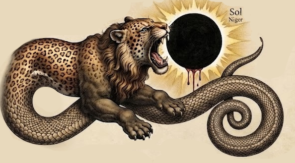 Illustration: Lion gripping serpent with Sol Niger background (lionsun16.png)