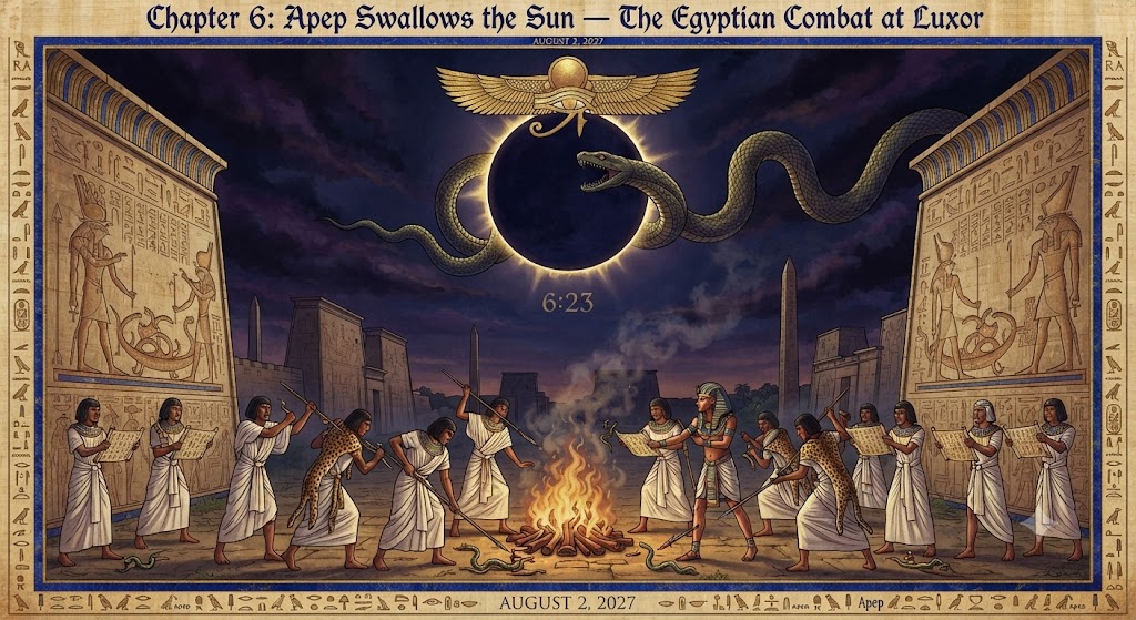 Apep swallows the sun — stylized Luxor combat scene (sol1.png)