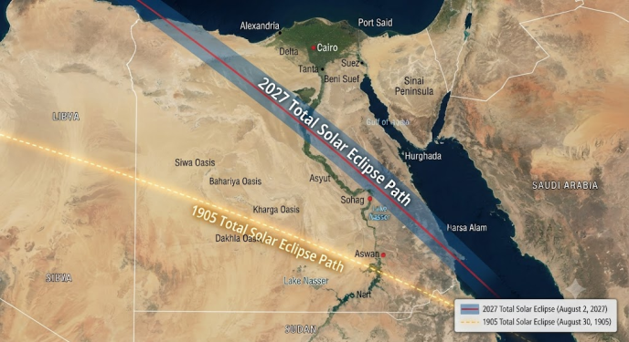 Satellite-style map showing 2027 eclipse paths in Egypt